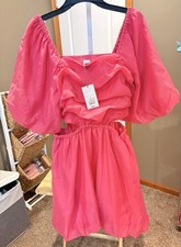 A New Day Pink Solid Chiffon Smocked Puff Sleeve Square Neck dress L