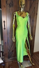 Cherry Mellow Lime Green Satin Midi Slip Dress S Small Made in USA Slit V-Neck