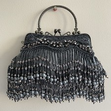 Deadstock Vintage 80s Glam Beaded Art Deco Inspired Evening Bag Fringe Kiss Lock