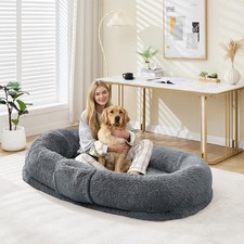 Large Plush Human Dog Bed Washable Fleece Pet Bed with Raised Headrest
