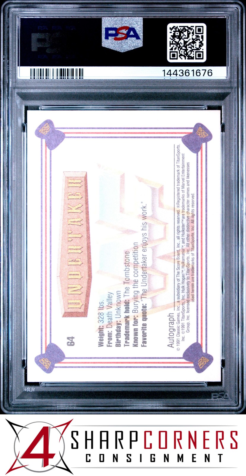 1991 CLASSIC WWF #64 UNDERTAKER RC HOF PSA 6 view 2