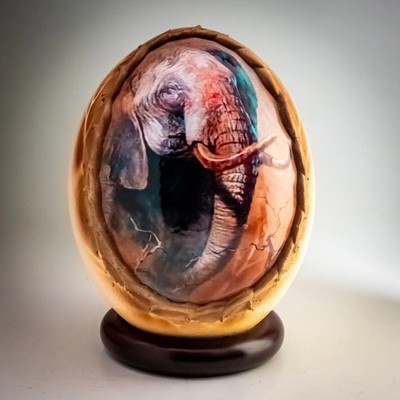 Straußenei Elefant Portrait Skulptur montiert Holzsockel Deko Kunst ungewöhnlich