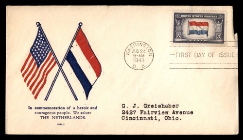 Mayfairstamps US FDC 1943 Washington DC Netherlands flag and appreciation First