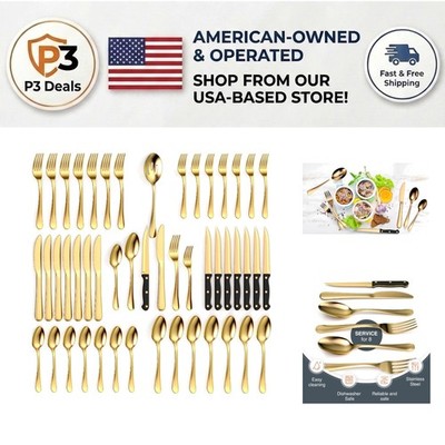 Dishwasher Safe 49-Piece Gold Stainless Steel Silverware Set - Timeless Design