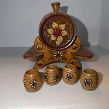 Vintage Wood Barrel Keg Decanter Set 5 Wooden Shot Folk Art Painted