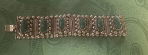 Sterling & Green Onyx  Ornate Wide Vtg Bracelet  Mexico 7" Native American Boho