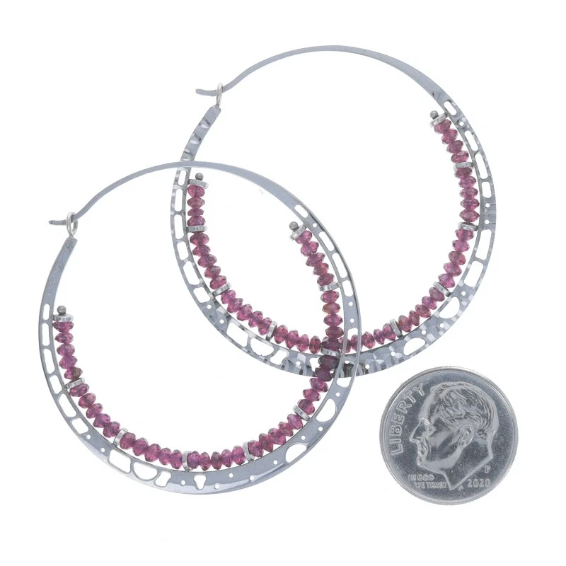 White Gold Garnet Hoop Earrings - 14k Rondelle Black Rhodium Italy Pierced - Image 4 of 4