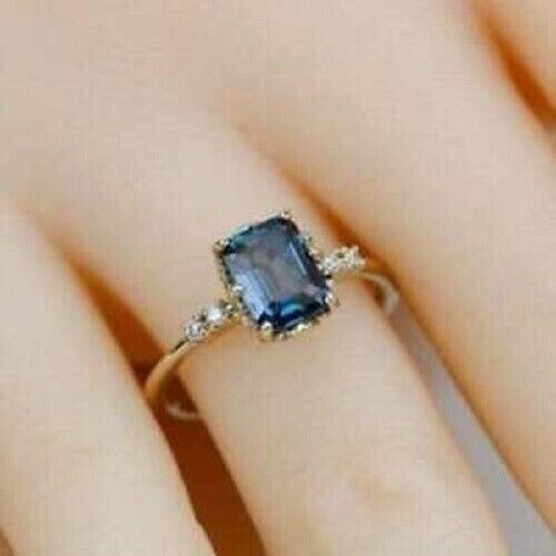 Art Deco Antique 3.60 Ct Emerald Cut Sapphire Vintage Ring 14K Yellow Gold Over - Picture 3 of 4