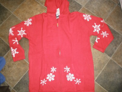 NEW Vintage Denim Co QVC Woman's L Red Snowflakes Zip up Sweater w/ Hood  (6)