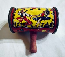 Noise Maker Tin Litho US Metal Toy Clown Mid-Century Modern Party Favor Kids Toy