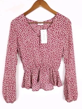 Sienna Sky Red White Floral Peplum Top Long Sleeve Button-Up NWT - Size Small