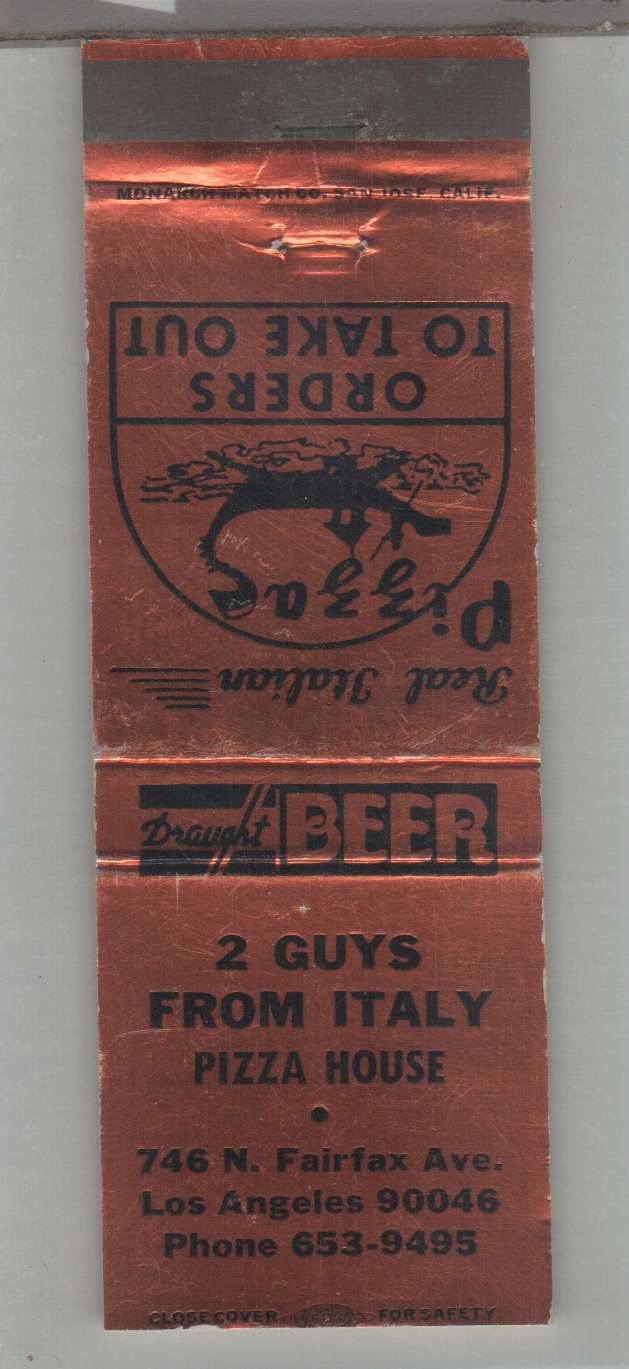 Matchbook Cover Pizza Place 2 Guys From Italy Pizza House Los Angeles