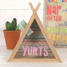 Wooden Money Box Glamping Teepee Wigwam Holiday Savings Bank Wood & Glass Yurt
