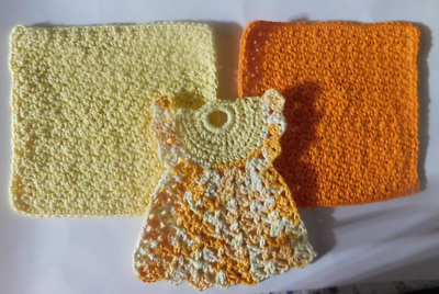 Set of 3 crochet orange, Yellow square & dress shaped dishcloth 100% cotton  | eBay