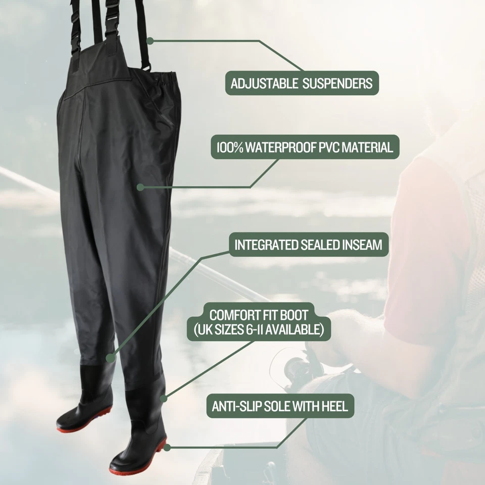 Black Pond Chest Waders Waterproof PVC Adjustable Suspenders UK Size 6-11 Unisex - Image 2 of 4
