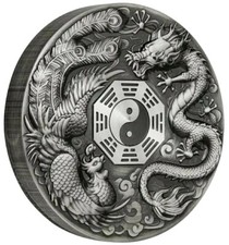 2019 5 Oz Silver $5 Tuvalu Chinese Mythical Creatures DRAGON N PHEONIX Coin.