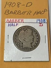 1908 -D  Barber Half Dollar  Good Silver 50c Coin Nice Full Rim  Bold Date