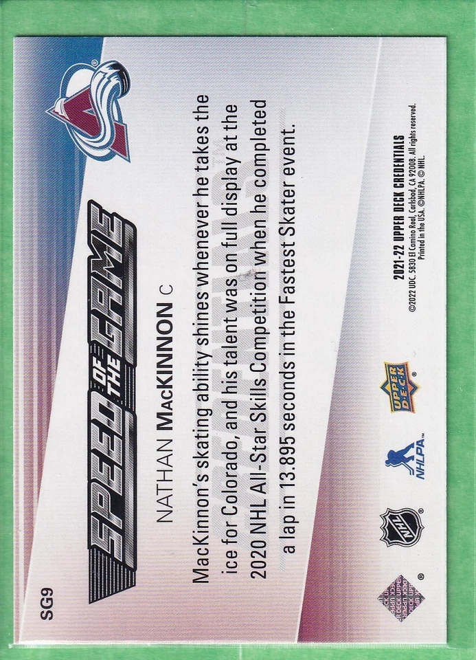 2021-22 UD Credentials Speed of The Game #SG9 Nathan MacKinnon COL Avalanche - Image 2 of 2