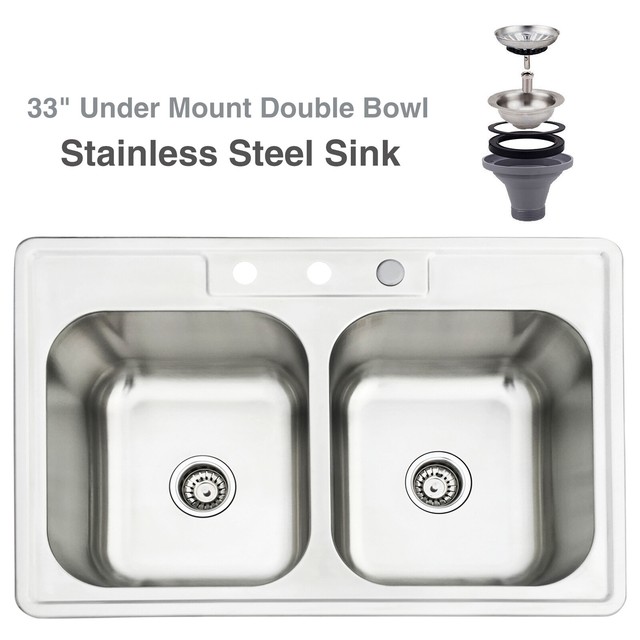 33 X 22 X 8 Stainless Steel Double Bowl 18 Gauge Kitchen Sink Undermount