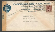 1944 WWII censor 40028 cover Sombreros Que Cubren A Todo Mexico to Hatleigh NY