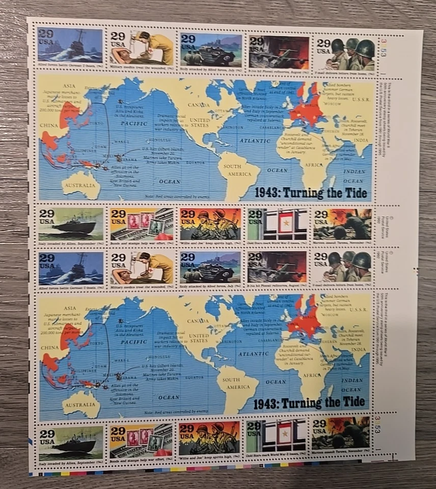 USPS WORLD WAR 11 AT WAR STAMPS  5 FULL SHEET SET MNH 1941 1942 1943 1944 1945 - Image 4 of 4