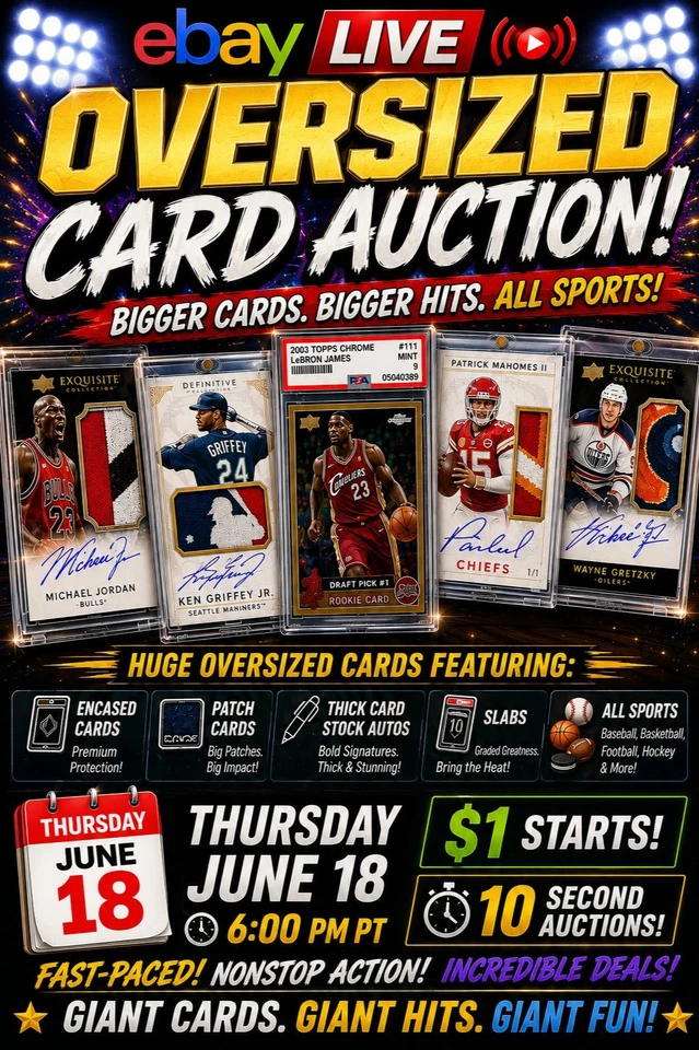 Oversized Card Auction! Patches, Slabs & Thick Autos • $1 Starts