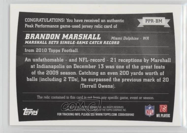 2010 Topps Peak Performance Relics Brandon Marshall #PPR-BM - Image 2 of 2