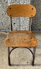 Vintage Wood Seat & Back  Metal Legs Small Childs School Chair 25"H x13"W LOOK!