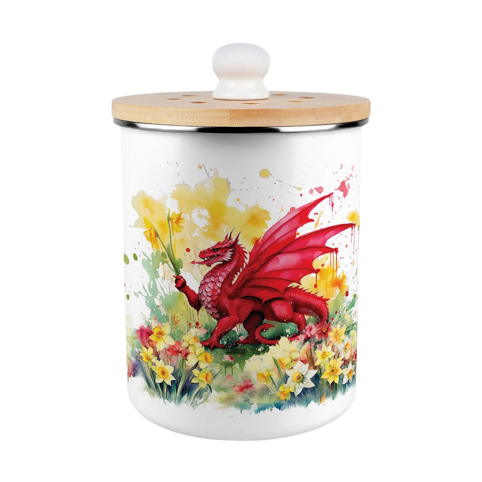 Welsh Dragon & Daffodils Compost Caddy - Metal 2L Decorative Food Waste Bin Gift
