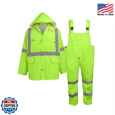 GGS Three-Piece Rain Suit - High Visibility, Waterproof Bibs and Jacket with Det
