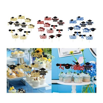 12x Abschluss Cupcake Topper 2025, Kappe Glückwunsch Glitzer
