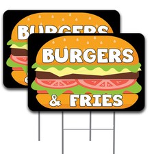 BURGERS FRIES 2 Pack Double-Sided Yard Signs 16" x 24" with Metal Stakes Made