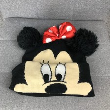Disney Minnie Mouse Hat Beanie One Size Black Red Polka Dot Bow Knit Girls