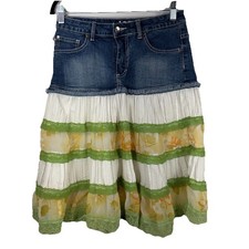 Vintage Crest Denim  Green  White Floral Lace Tiered Boho Midi Skirt Size 5/6