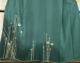 Deep Teal Firefly LONG Vintage Hand Paitned Japanese Silk Kimono Robe Dress 6569