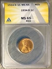 1934-D Lincoln Cent (Wheat Penny), ANACS MS-65 RD, Scarce High Grade!