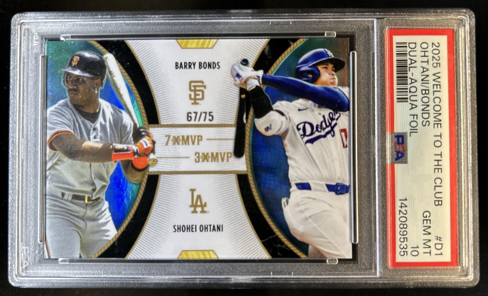 2025 Topps Welcome to the Club MVP Shohei Ohtani Barry Bonds Aqua #/75 PSA 10 view 1