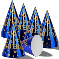 24 Pcs Pre-Assembled Blue Birthday Party Hats,Metallic Foil,Happy Birthday Pa...