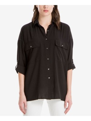 MAX STUDIO Womens Black Pocketed Cuffed Sleeve Collared Button Up Top XSS