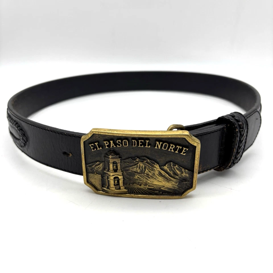 Cinturón El Paso De Norte Heritage 1977 hebilla de latón macizo negro cuero genuino 38 Foto 3 de 4