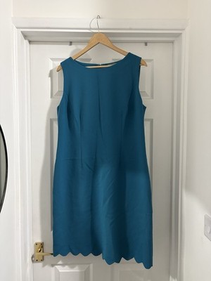 Women s Jaeger Blue Sleeveless Shift Midi Dress Size 16 Scalloped Hem
