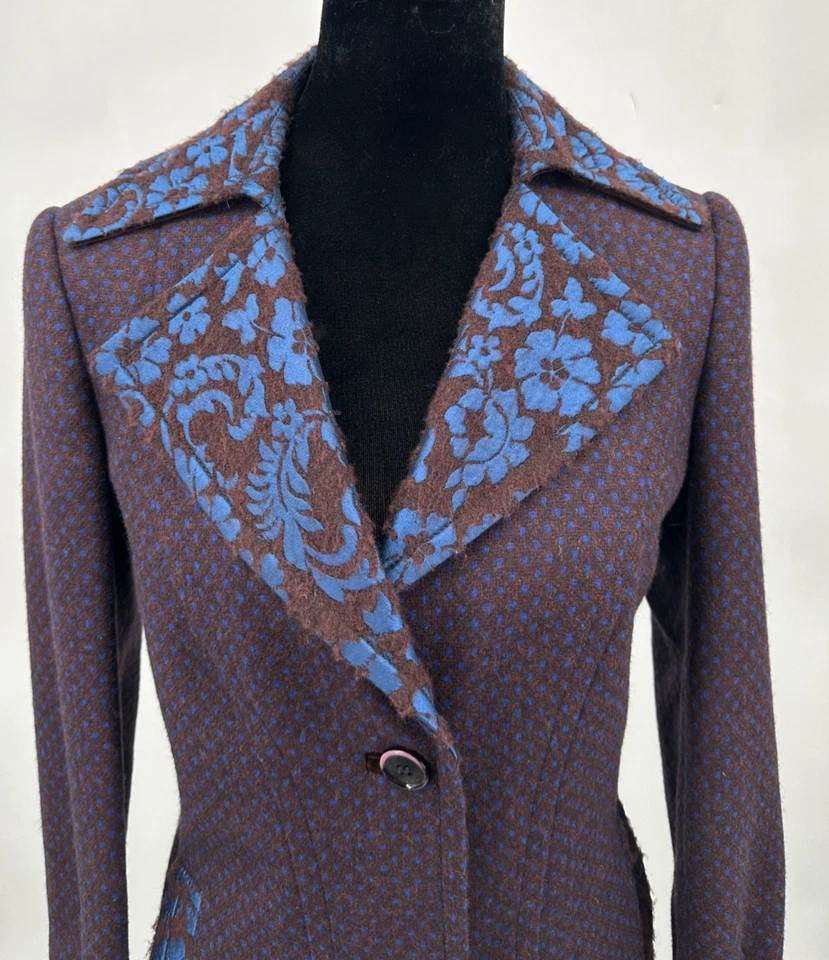 Blazer Etro Milano Mujer Sencillo Pecho EU46 US10 Marrón Azul Cuadros Lana Floral Foto 3 de 4