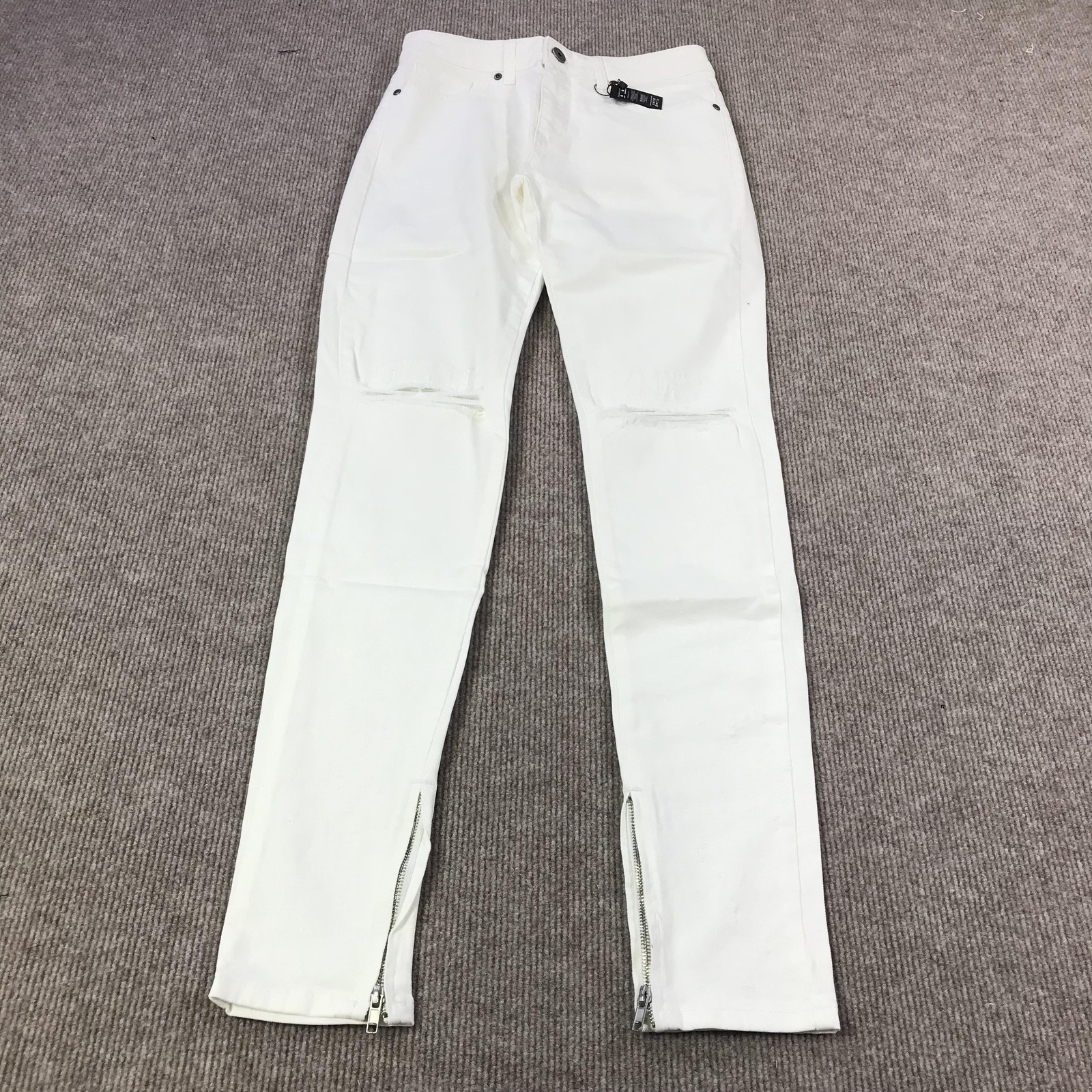 Mens 28 White Distressed Zipper Skinny Fit Designer Pants