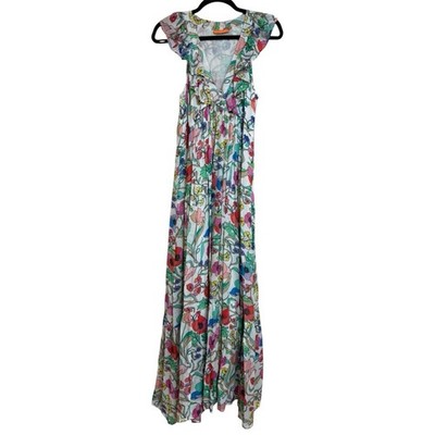 Oliphant Zinnia Multi Floral Ruffle V-Neck Maxi Dress XS Lined Resort Boho