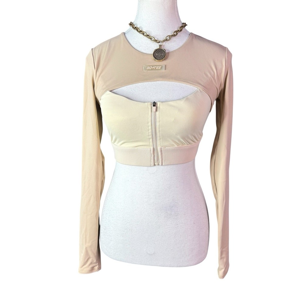 BO+TEE Beige Cream Two Tone Long Sleeve Crop Top Zip Front Activewear Gym Yoga S