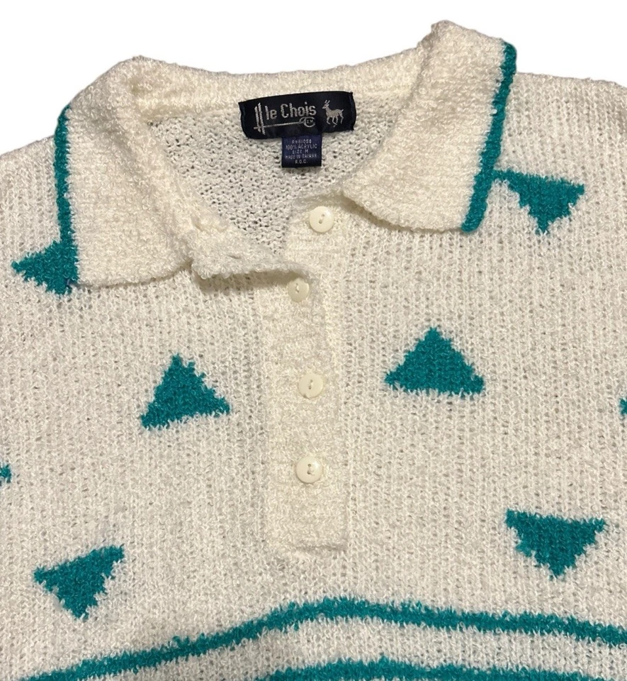 Vintage 80s Knit Acrylic Polo Shirt Top Womens M Short Sleeve White Grandmacore - Image 3 of 4