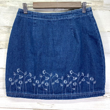 Route 66 Womens Blue Medium Wash Floral Embroidered Denim Jean Mini Skirt 11/12