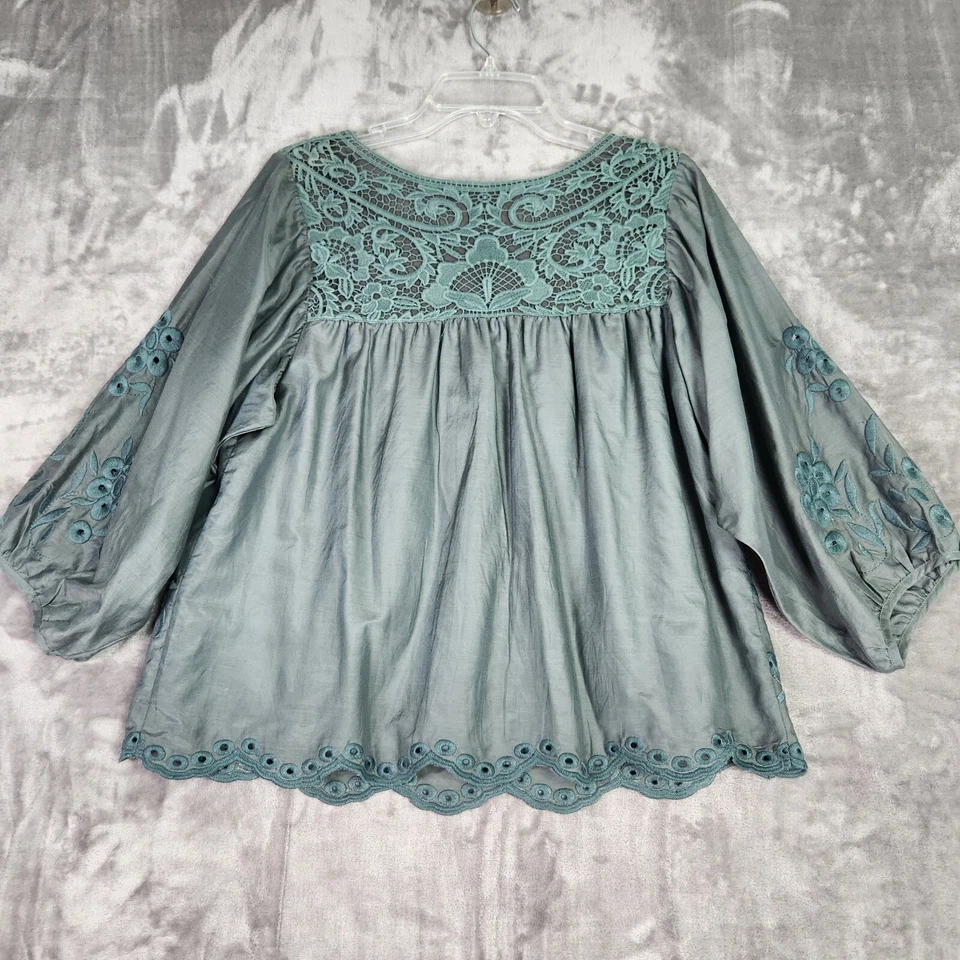 Blusa Hazel Feminina S Verde Manga Balão 3/4 Seda Bordada Boho Cottagecore - Imagem 2 de 4