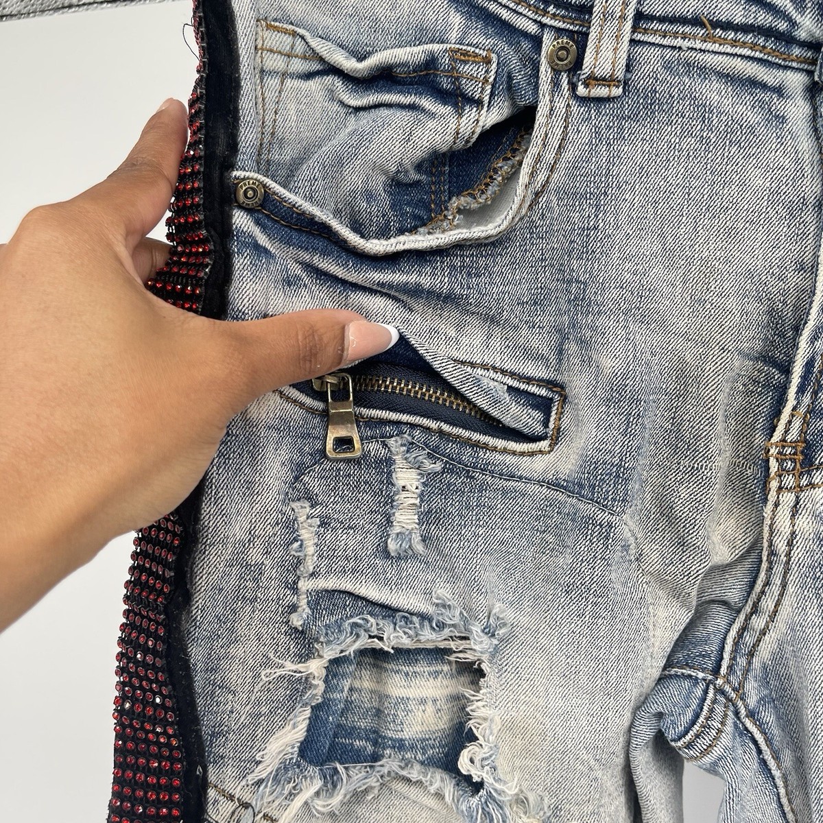 Preme Men's Light Wash Rhinestone Side Stripe Moto Denim Skinny