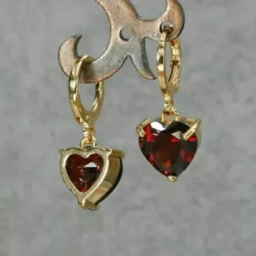 3Ct Heart Cut Lab Created Garnet Solitaire Drop Dangle Earrings 14K Gold Plated - Picture 4 of 8